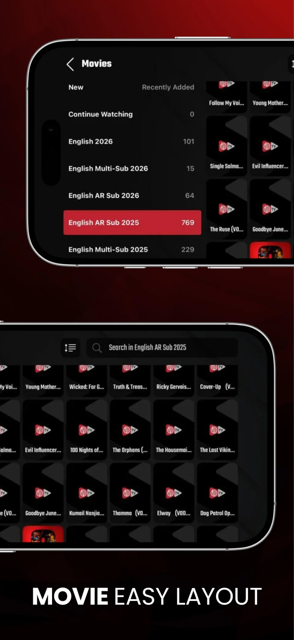 Startscherm van IBO Player met live tv, films en series
