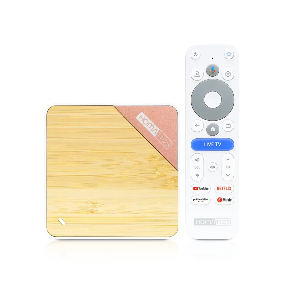 Homatics Box 4K V2 met bamboe bovenkant en witte afstandsbediening
