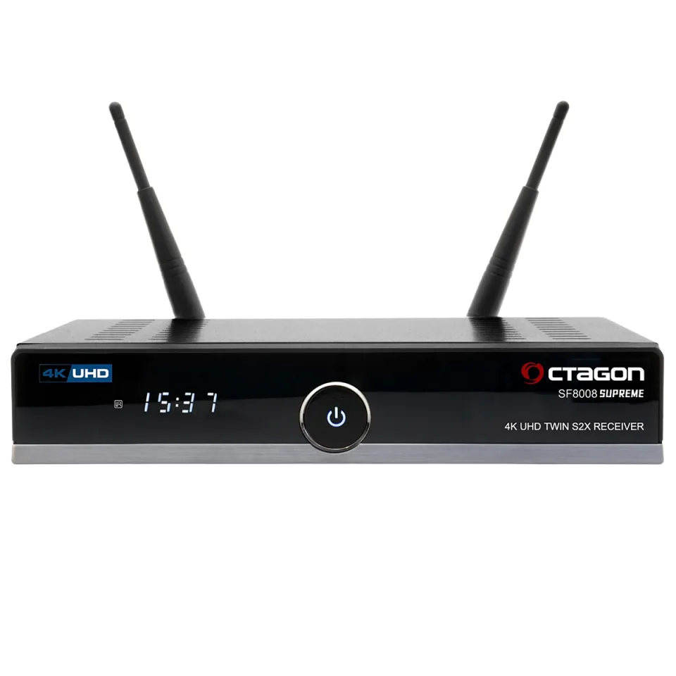 Octagon SF8008 V3 Supreme Enigma2-ontvanger met wifi-antennes, vooraanzicht